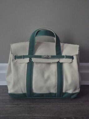 Boatkin Sunwin Canvas Hermes Birkin Bag Style Cream Kelly Green NEW